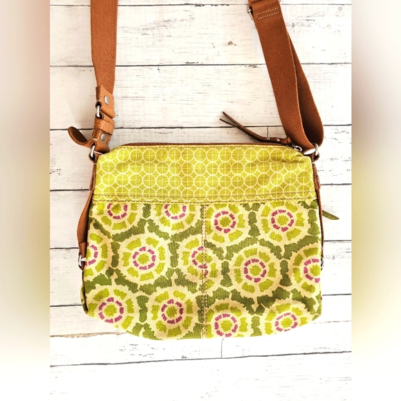 Vintage Fossil Green Canvas & Brown Genuine Leather Crossbody Purse Floral - Picture 6 of 16